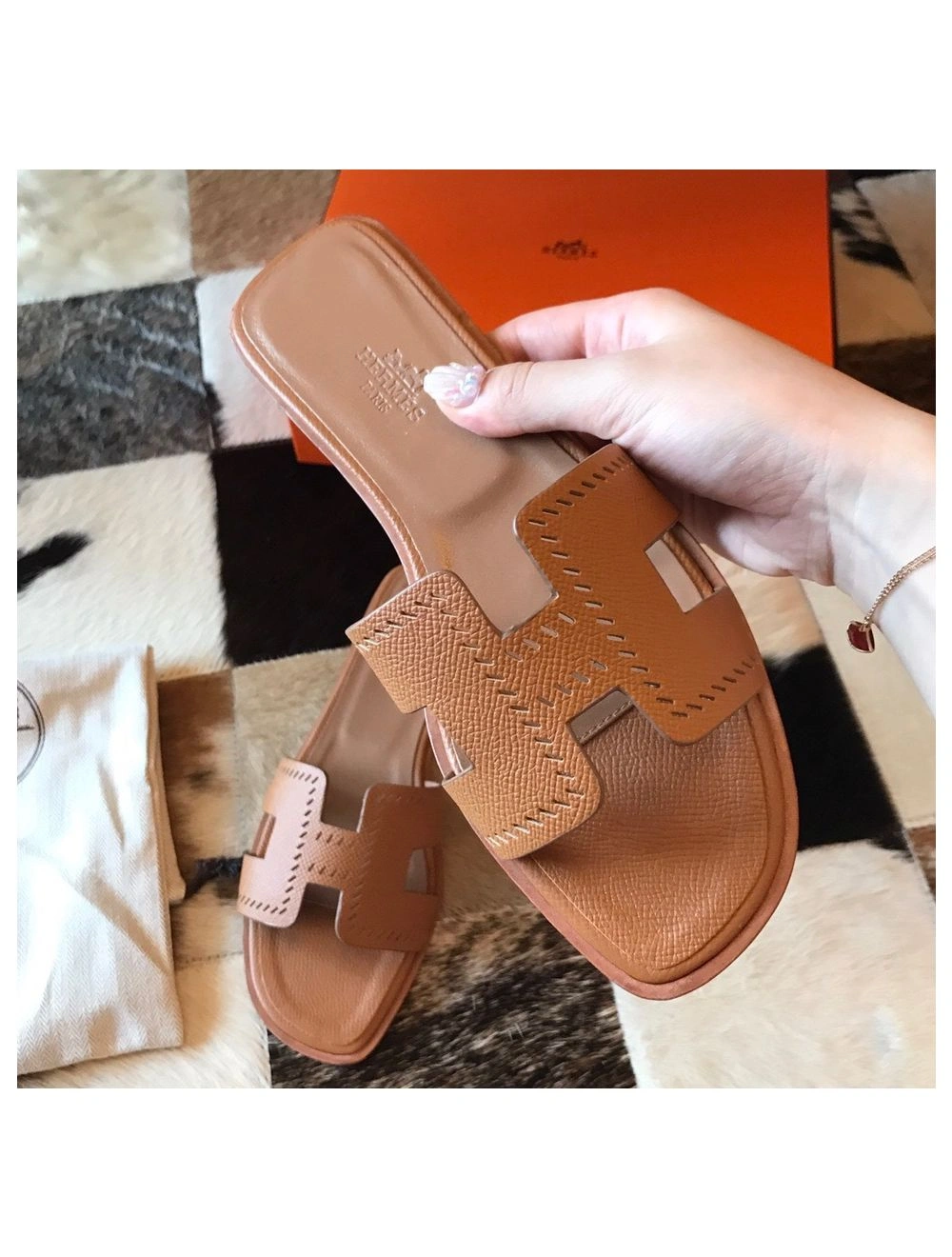 Hermes Oran Slide Sandals In Gold Epsom Perforated Calfskin