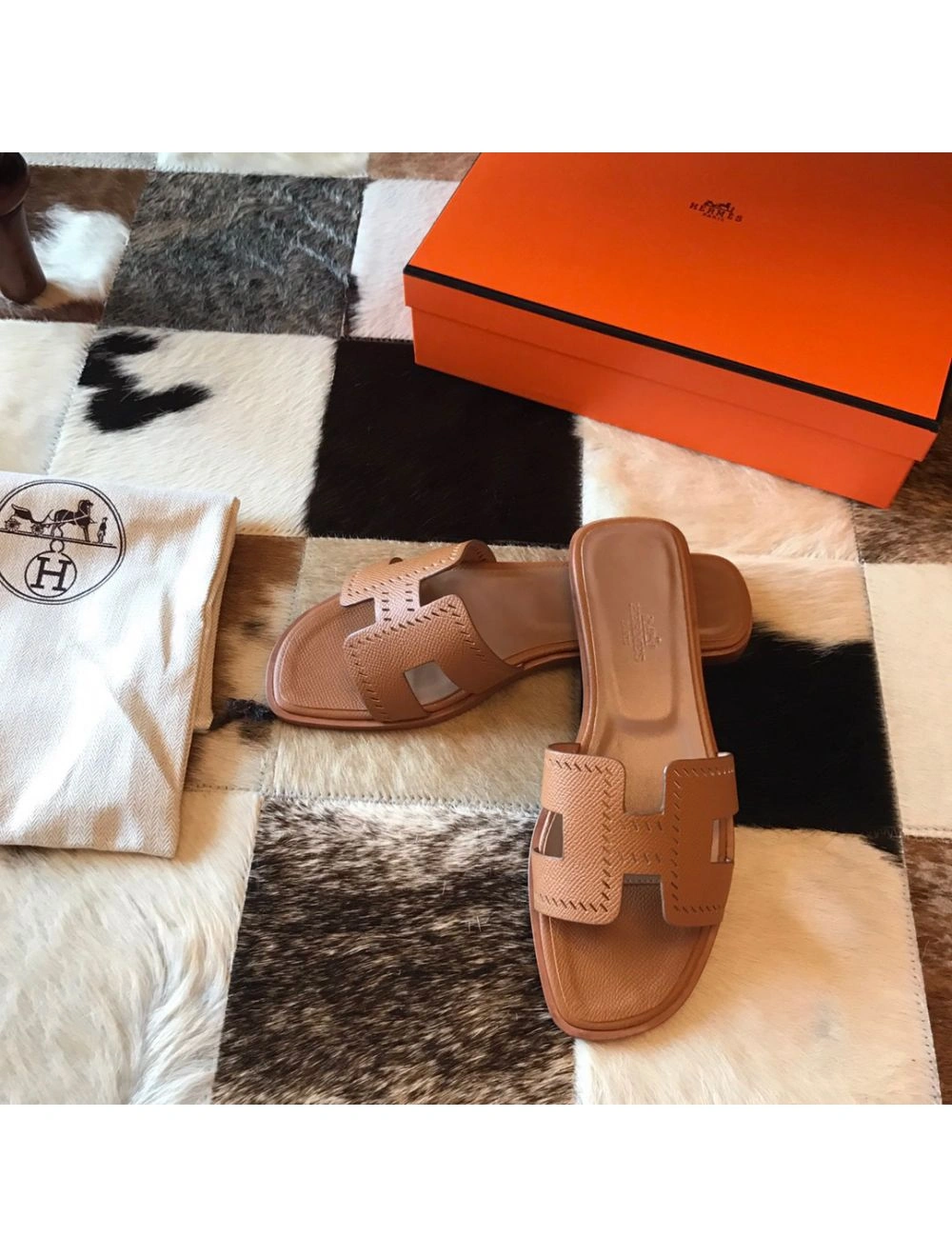 Hermes Oran Slide Sandals In Gold Epsom Perforated Calfskin