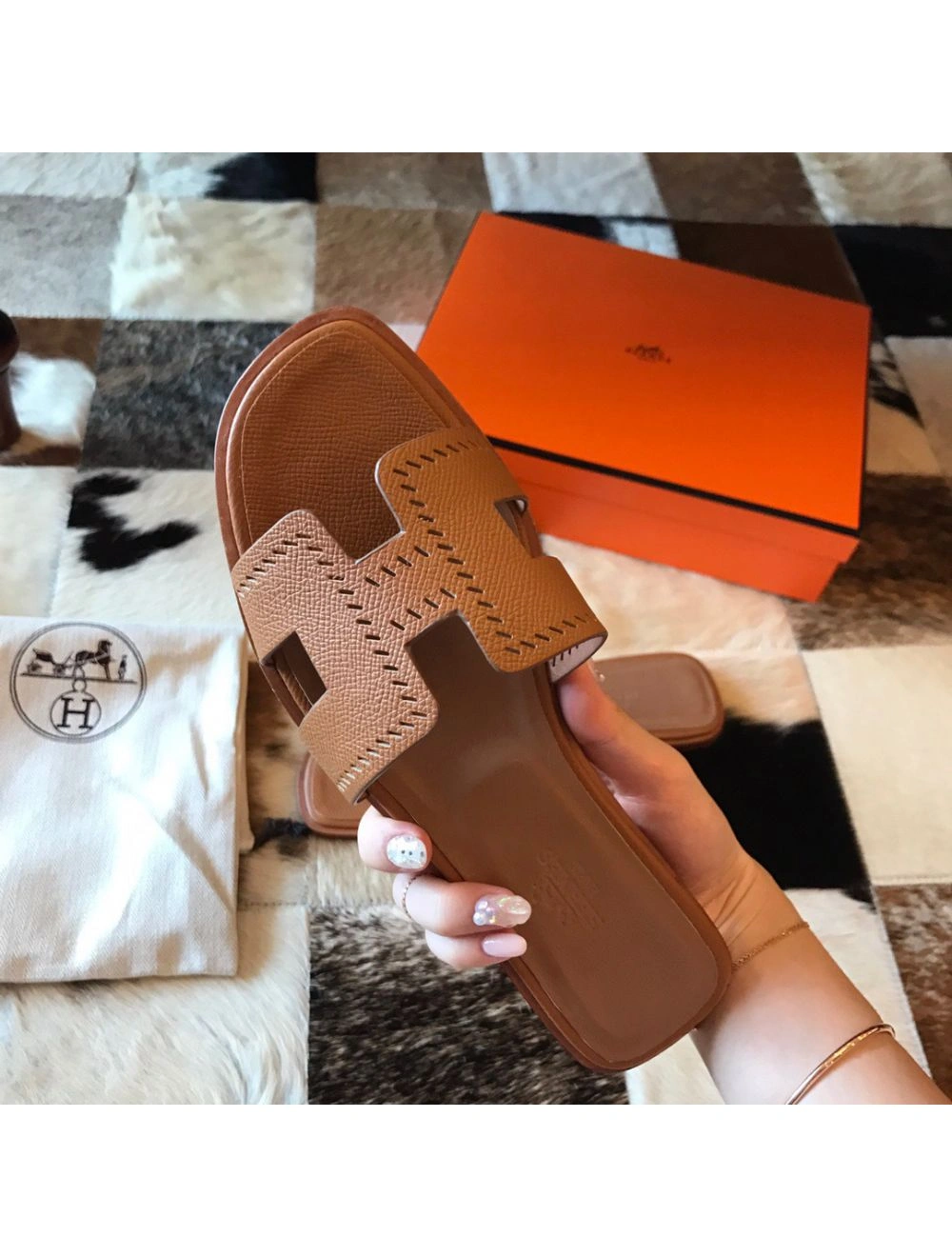 Hermes Oran Slide Sandals In Gold Epsom Perforated Calfskin