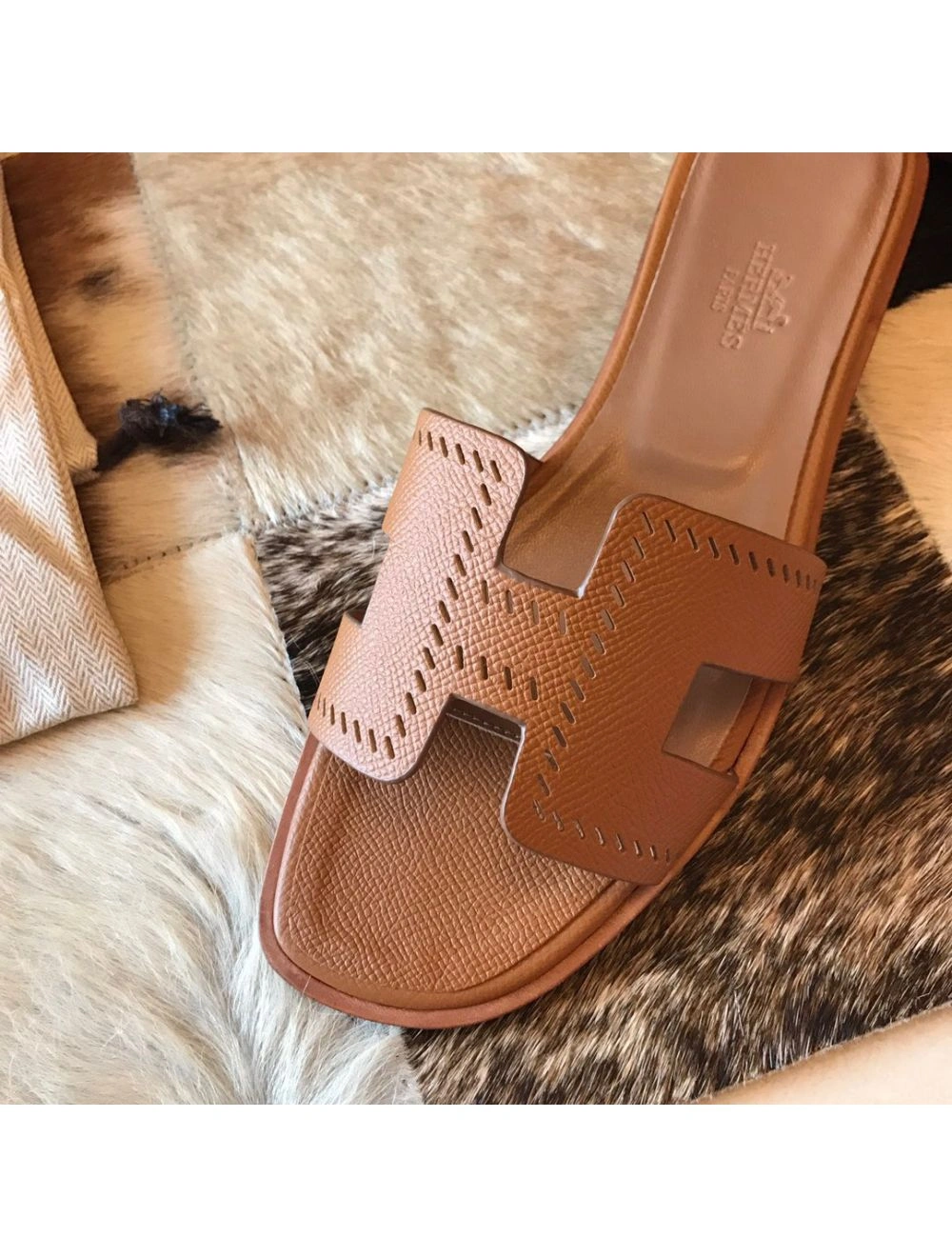 Hermes Oran Slide Sandals In Gold Epsom Perforated Calfskin