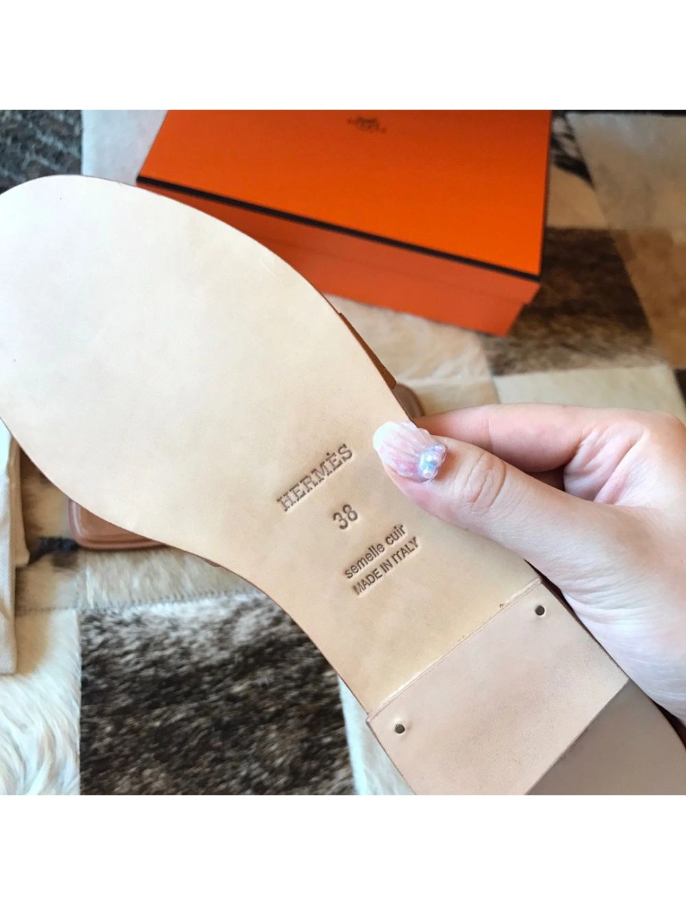 Hermes Oran Slide Sandals In Gold Epsom Perforated Calfskin