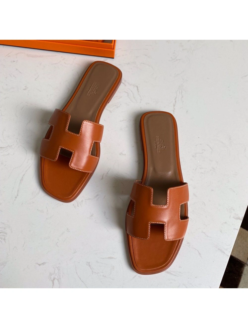 Hermes Oran Slide Sandals In Gold Swift Calfskin