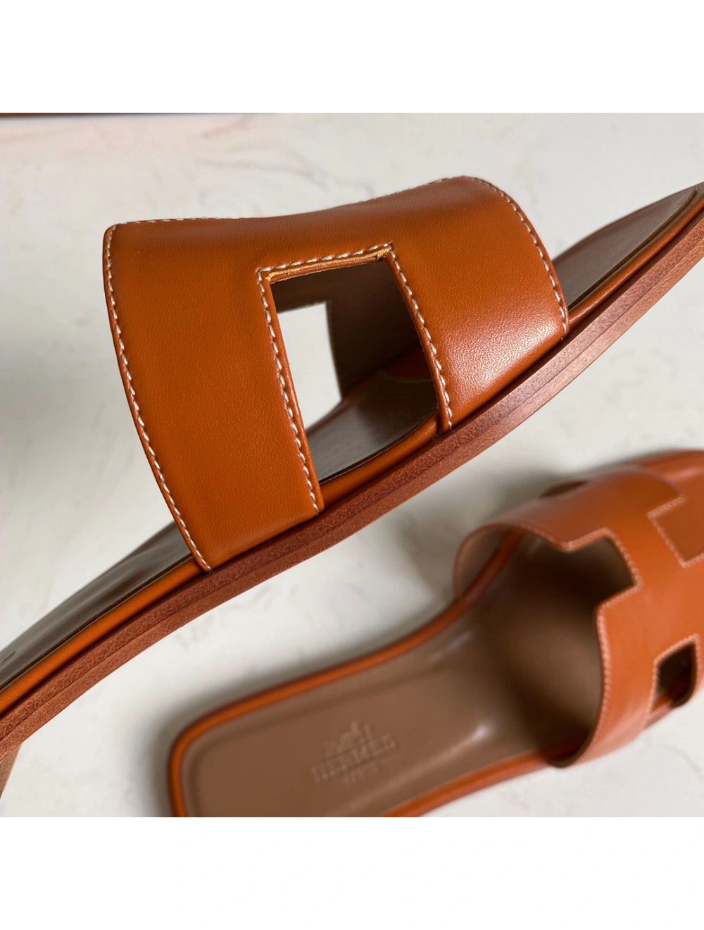 Hermes Oran Slide Sandals In Gold Swift Calfskin