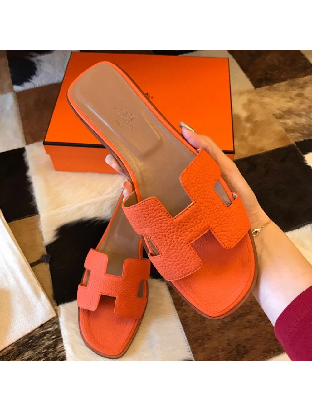 Hermes Oran Slide Sandals In Orange Clemence Leather