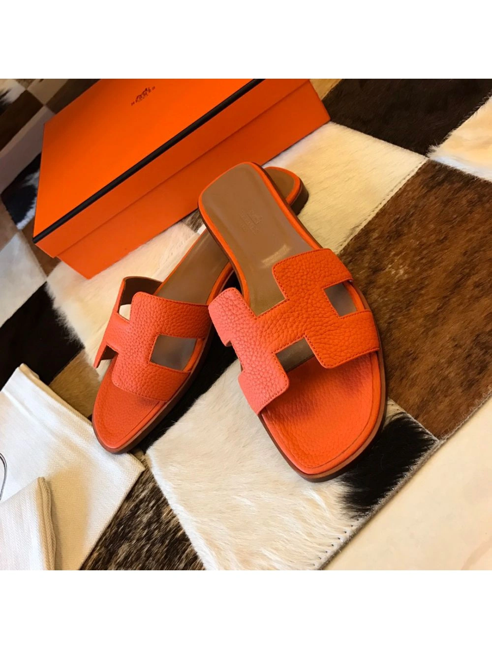 Hermes Oran Slide Sandals In Orange Clemence Leather