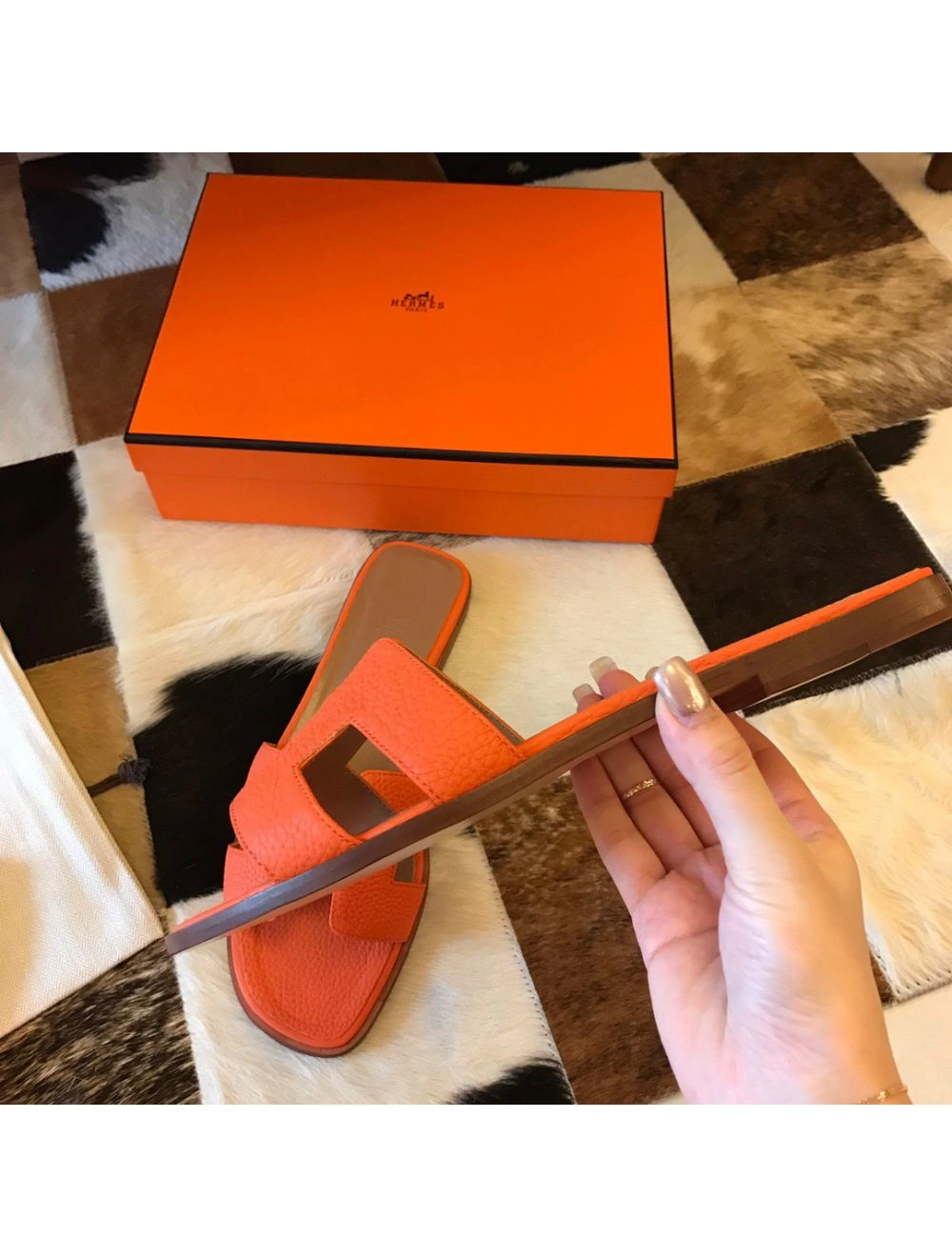 Hermes Oran Slide Sandals In Orange Clemence Leather