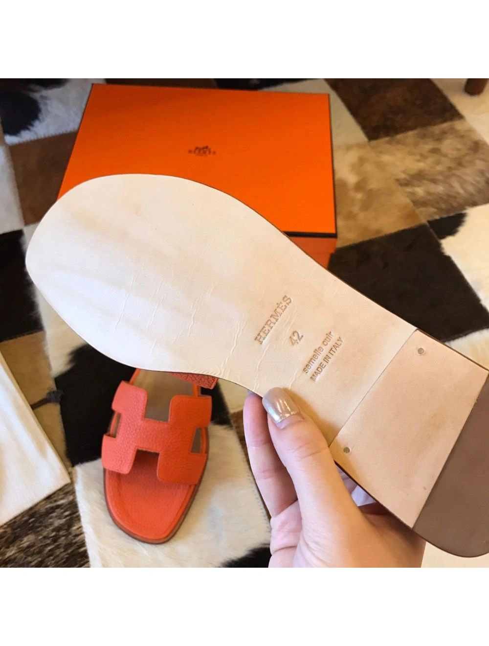 Hermes Oran Slide Sandals In Orange Clemence Leather