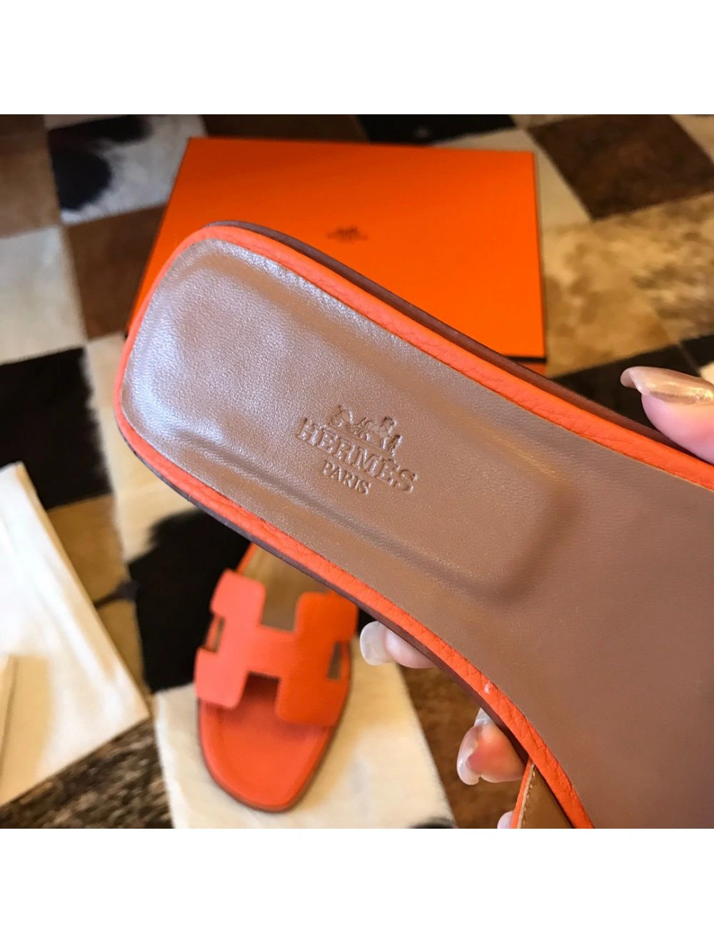 Hermes Oran Slide Sandals In Orange Clemence Leather