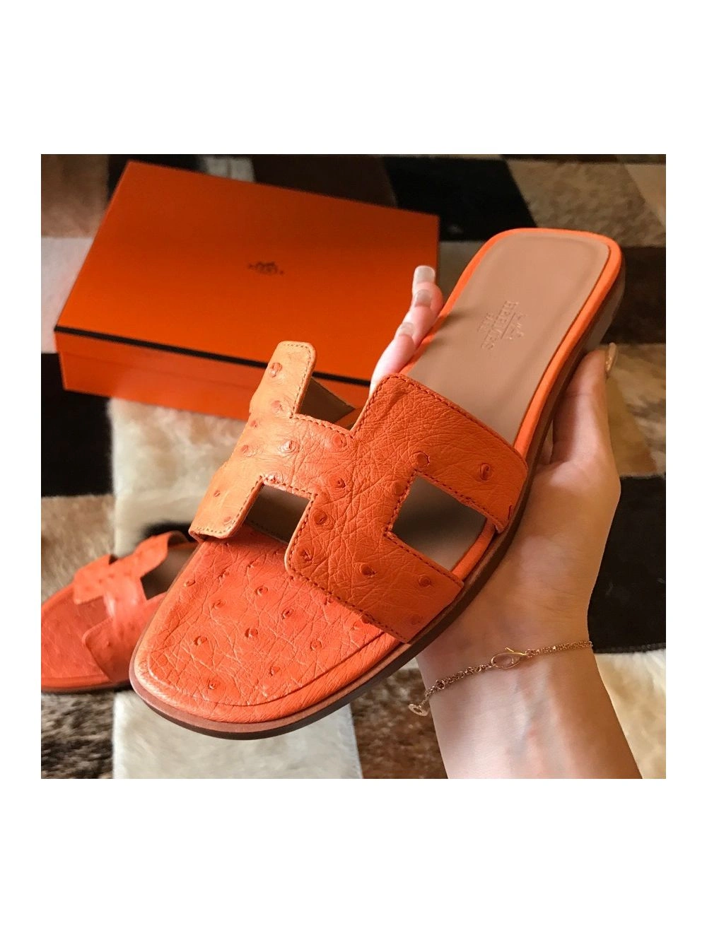 Hermes Oran Slide Sandals In Orange Ostrich Leather