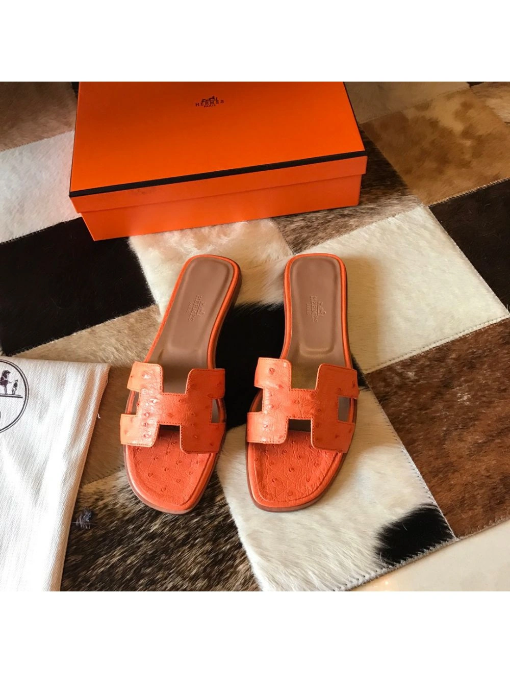 Hermes Oran Slide Sandals In Orange Ostrich Leather