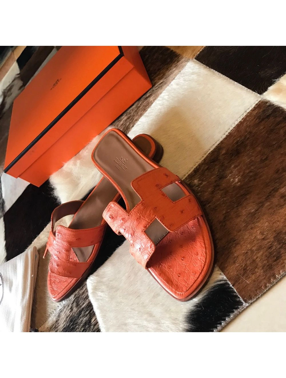 Hermes Oran Slide Sandals In Orange Ostrich Leather