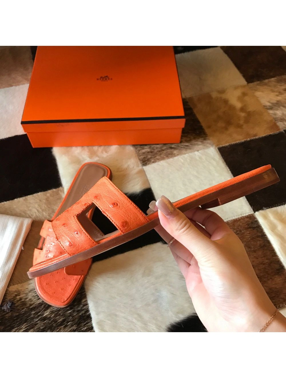 Hermes Oran Slide Sandals In Orange Ostrich Leather