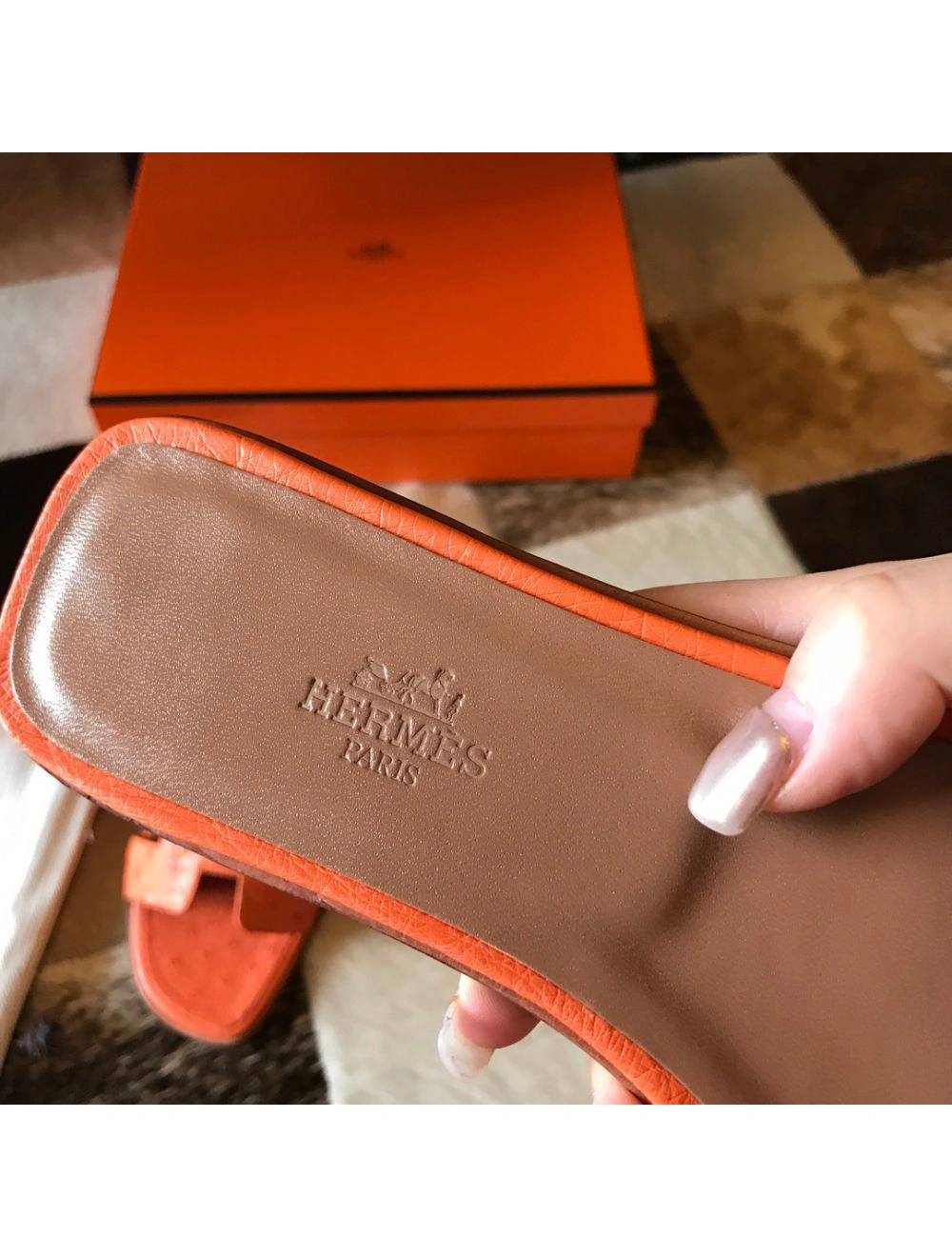 Hermes Oran Slide Sandals In Orange Ostrich Leather