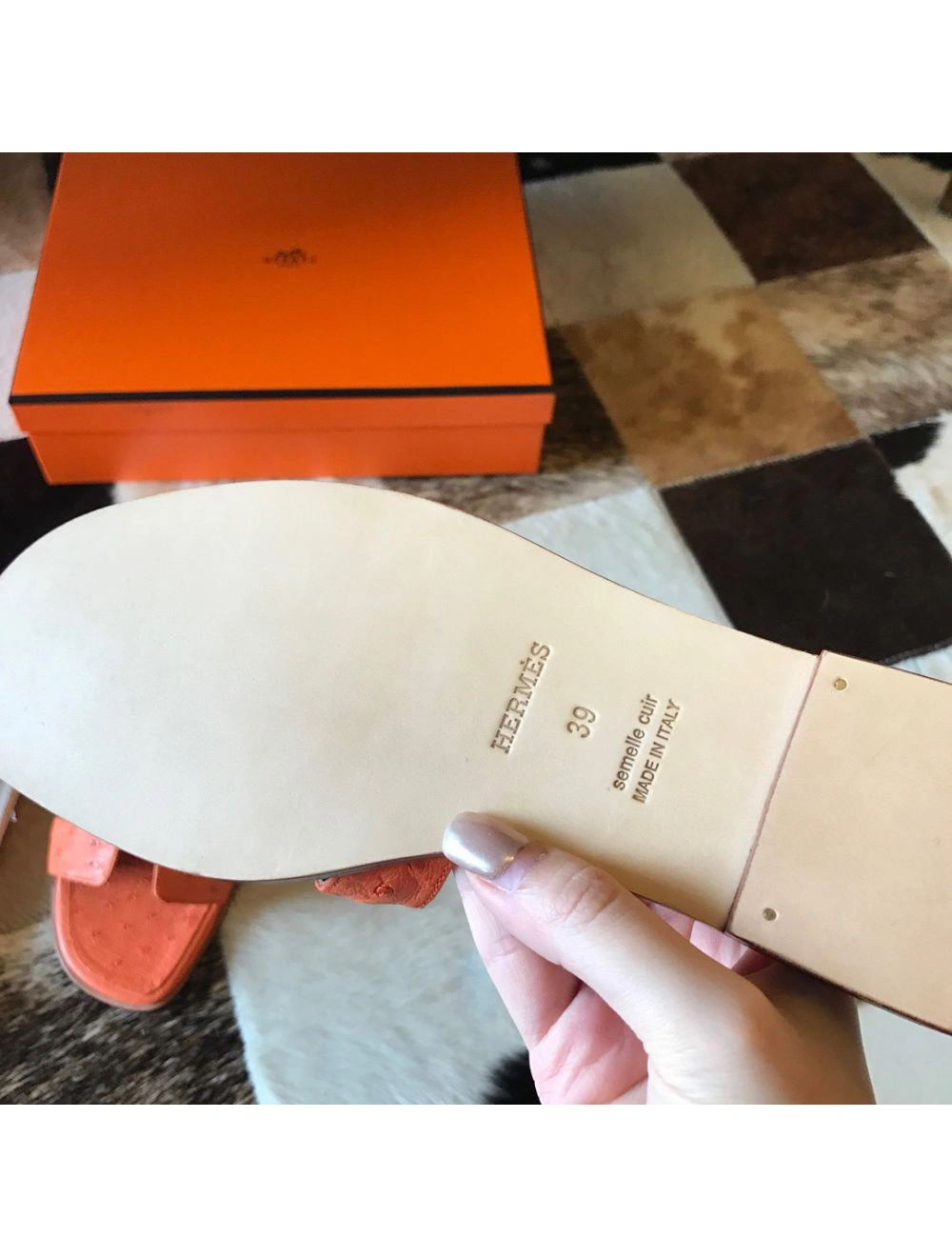 Hermes Oran Slide Sandals In Orange Ostrich Leather