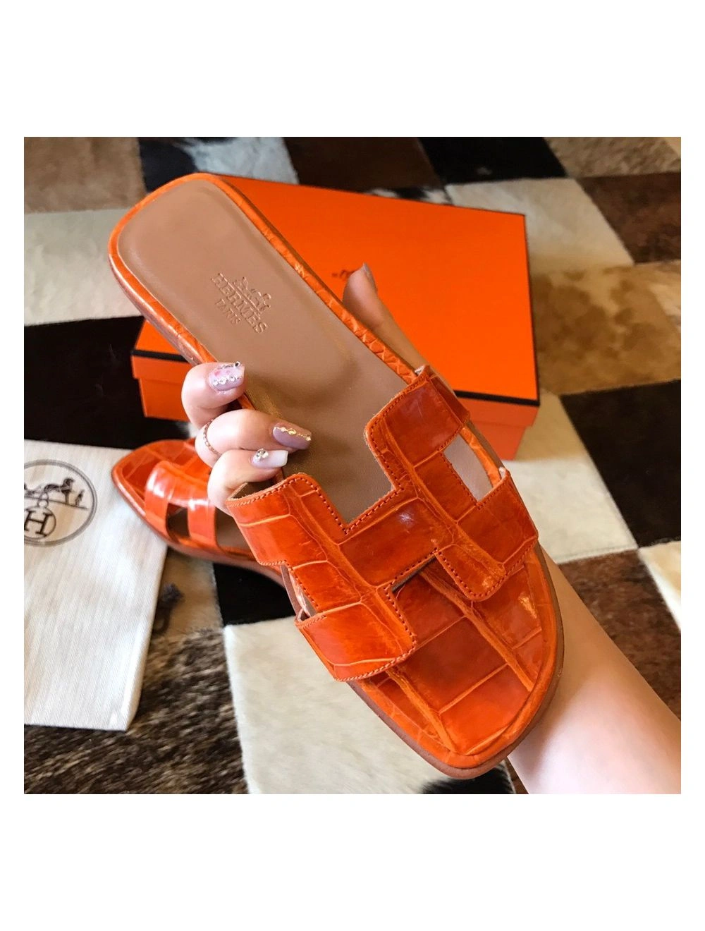 Hermes Oran Slide Sandals In Orange Shiny Niloticus Crocodile Skin