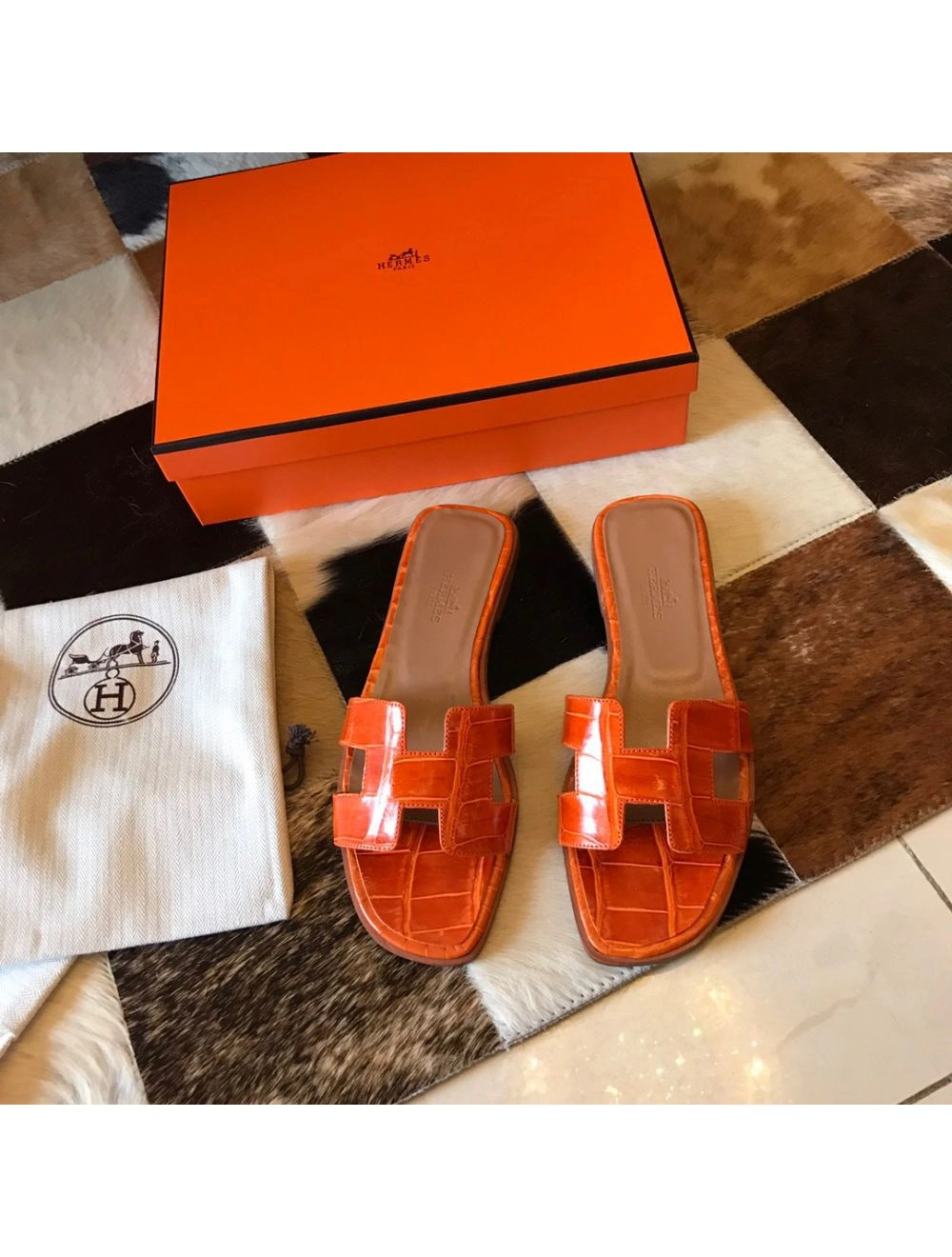 Hermes Oran Slide Sandals In Orange Shiny Niloticus Crocodile Skin
