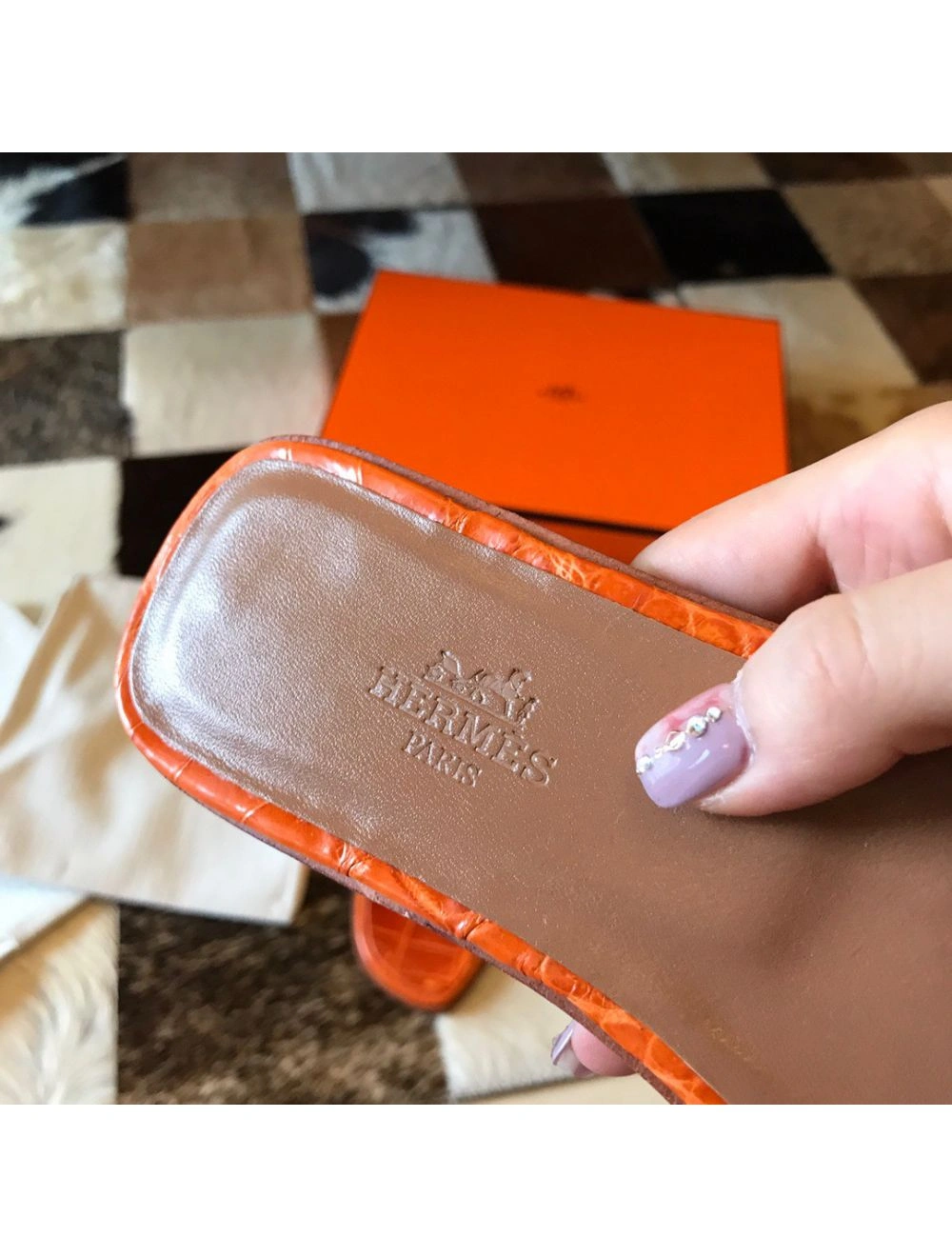 Hermes Oran Slide Sandals In Orange Shiny Niloticus Crocodile Skin