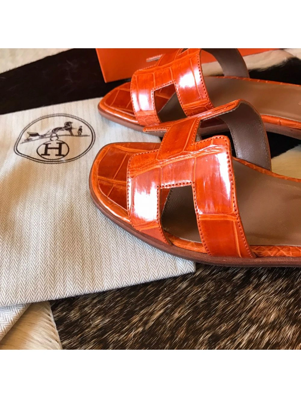 Hermes Oran Slide Sandals In Orange Shiny Niloticus Crocodile Skin