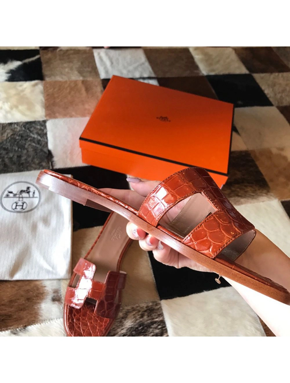 Hermes Oran Slide Sandals In Orange Shiny Niloticus Crocodile Skin