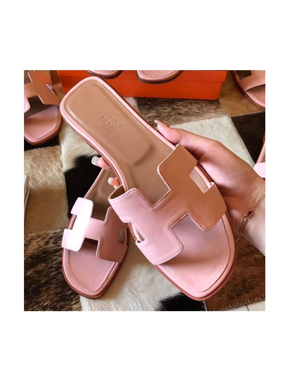 Hermes Oran Slide Sandals In Pink Swift Calfskin