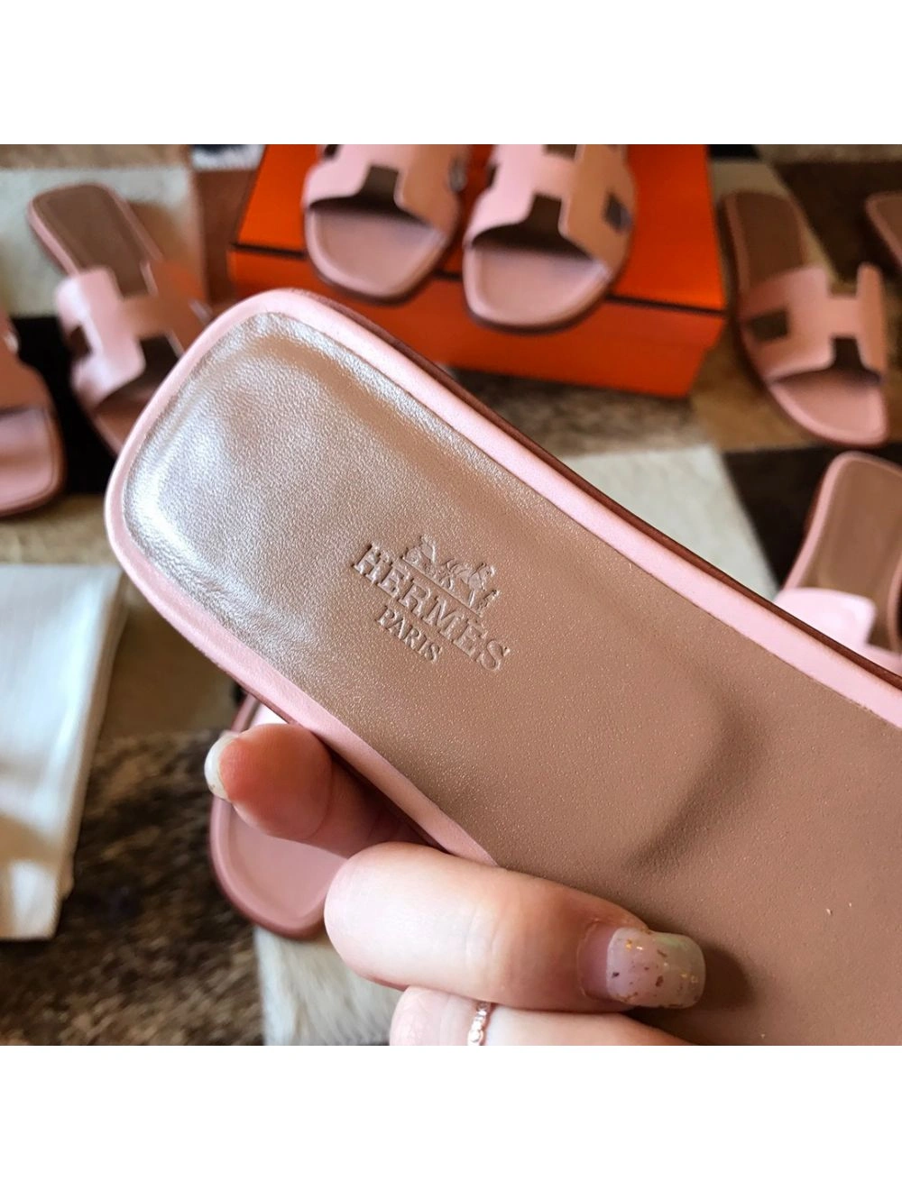 Hermes Oran Slide Sandals In Pink Swift Calfskin