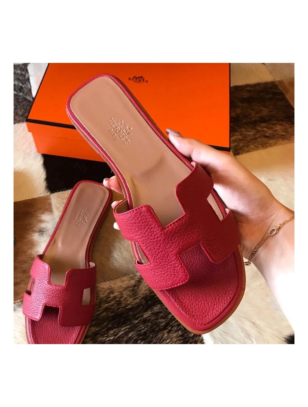 Hermes Oran Slide Sandals In Red Clemence Leather