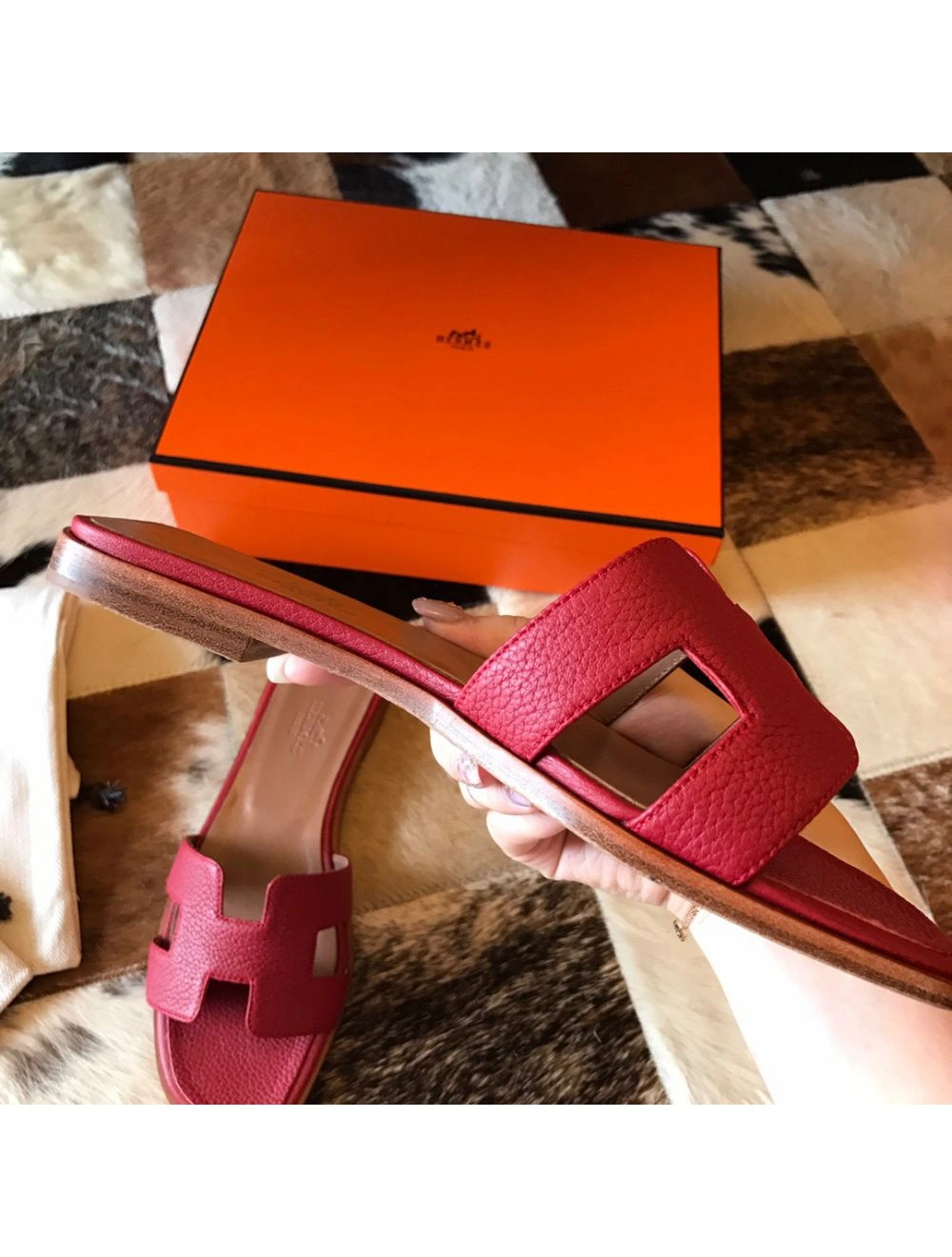 Hermes Oran Slide Sandals In Red Clemence Leather