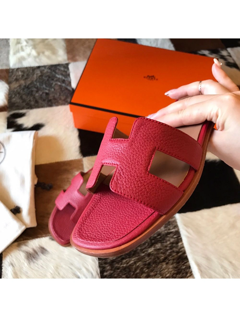 Hermes Oran Slide Sandals In Red Clemence Leather