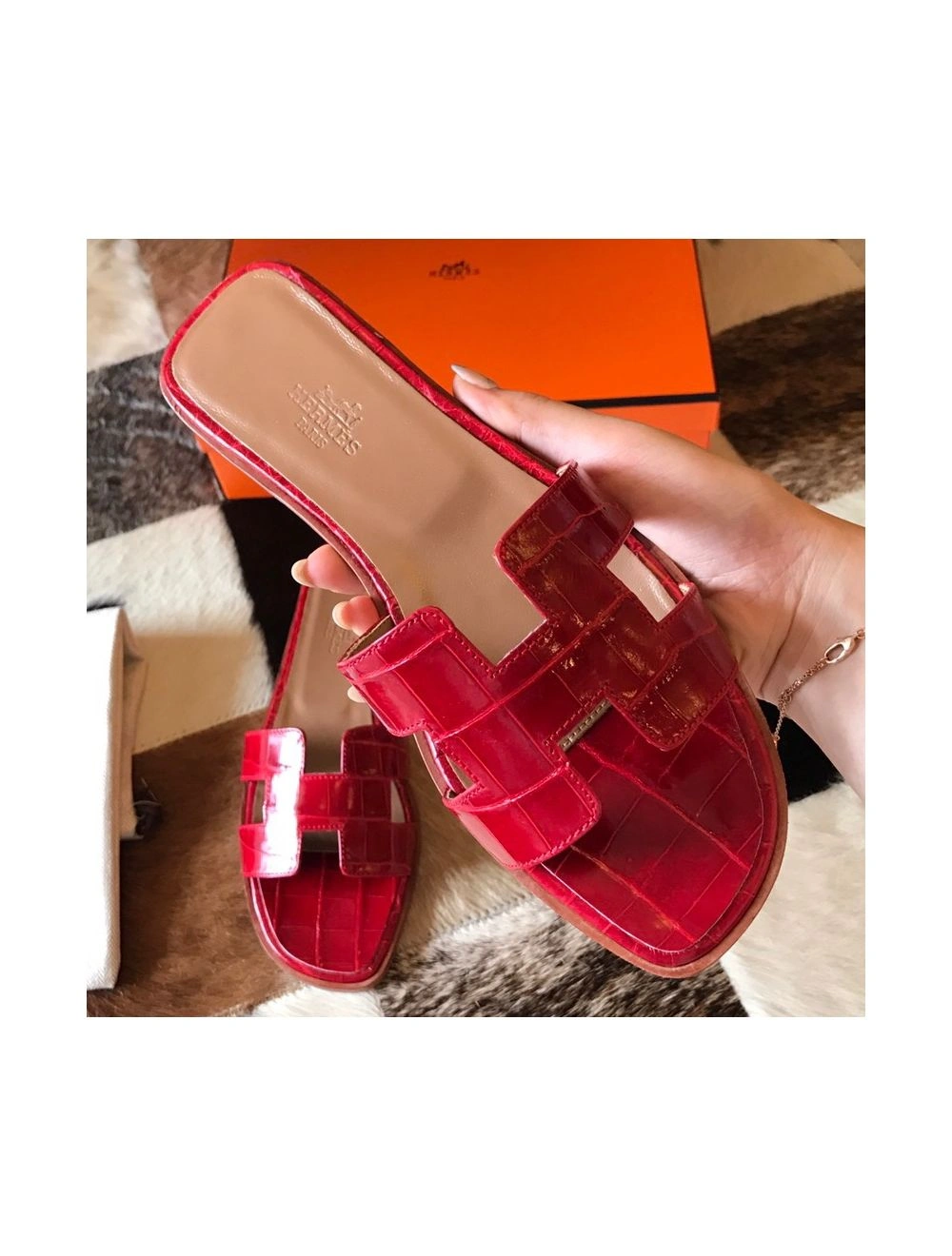 Hermes Oran Slide Sandals In Red Shiny Niloticus Crocodile Skin