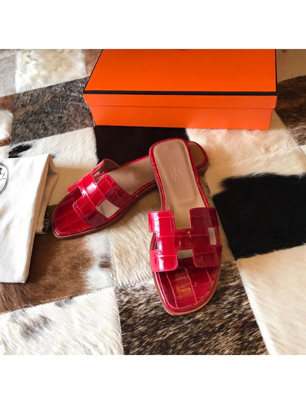 Hermes Oran Slide Sandals In Red Shiny Niloticus Crocodile Skin