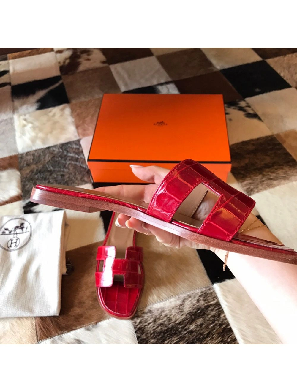 Hermes Oran Slide Sandals In Red Shiny Niloticus Crocodile Skin