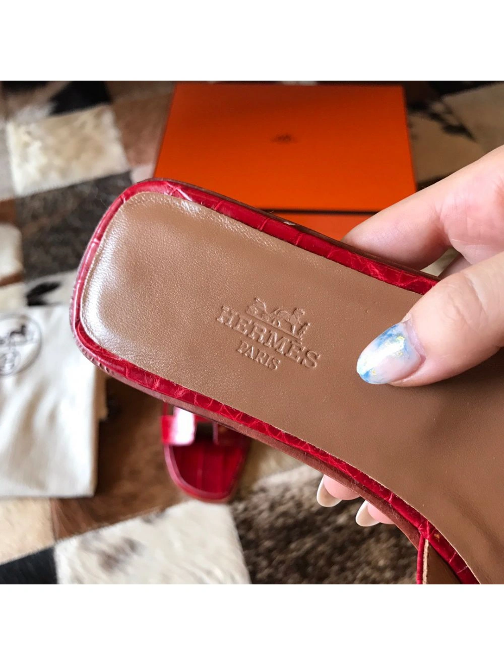 Hermes Oran Slide Sandals In Red Shiny Niloticus Crocodile Skin