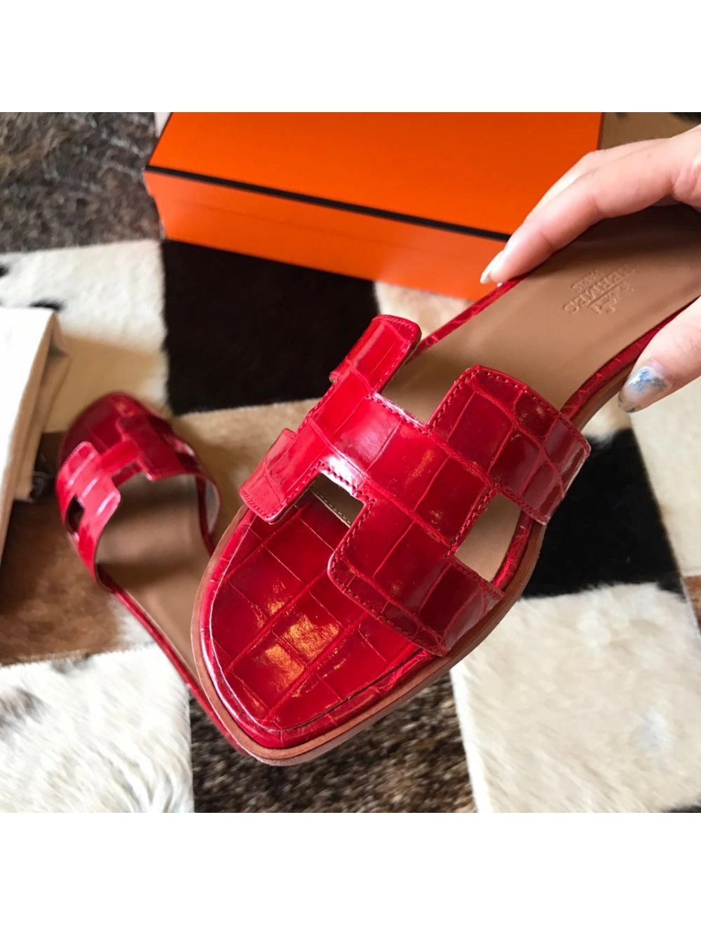 Hermes Oran Slide Sandals In Red Shiny Niloticus Crocodile Skin