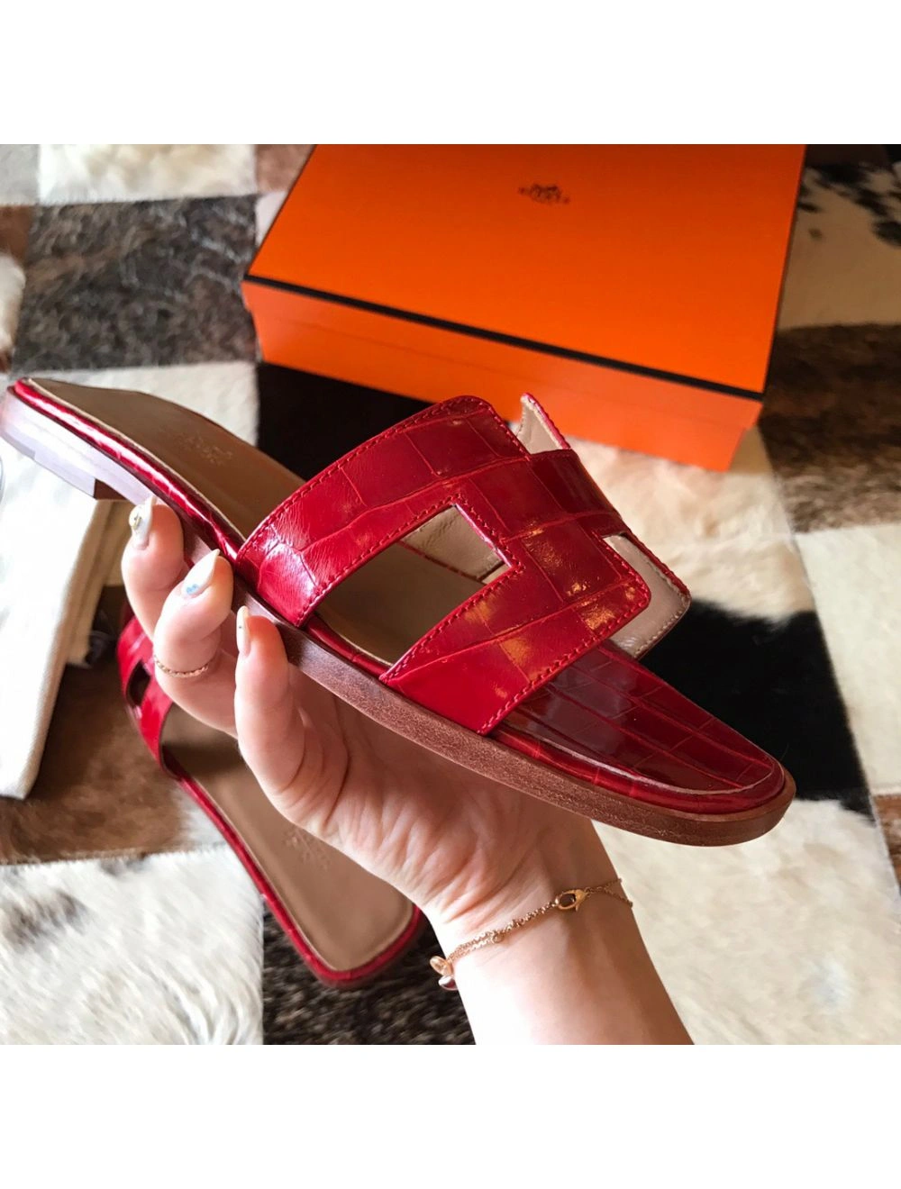 Hermes Oran Slide Sandals In Red Shiny Niloticus Crocodile Skin