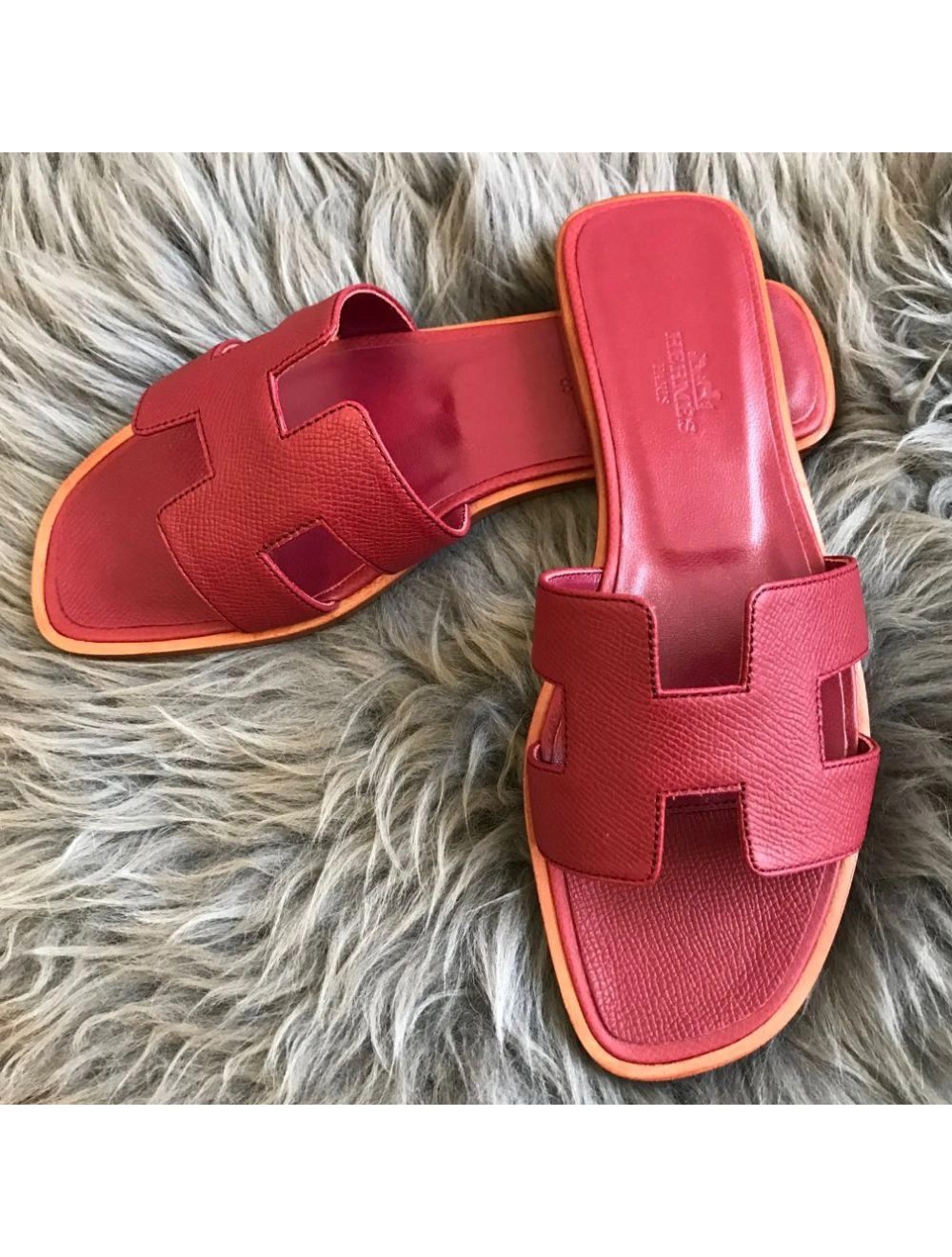 Hermes Oran Slide Sandals In Ruby Epsom Calfskin