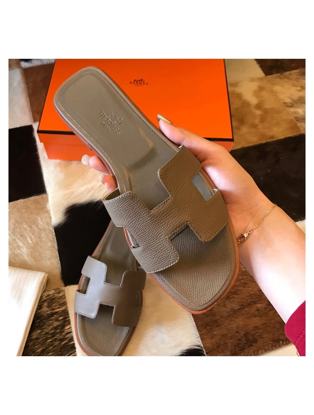 Hermes Oran Slide Sandals In Taupe Epsom Calfskin