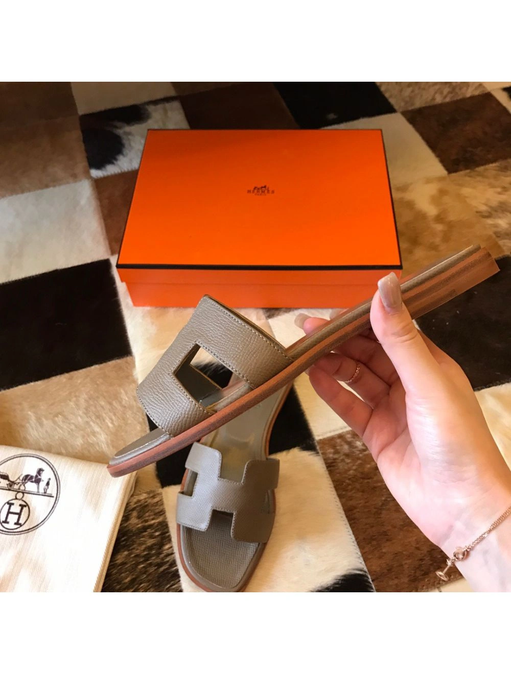 Hermes Oran Slide Sandals In Taupe Epsom Calfskin