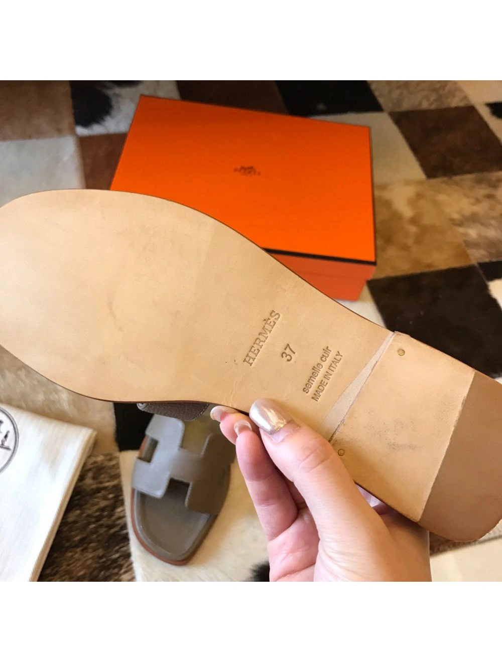 Hermes Oran Slide Sandals In Taupe Epsom Calfskin