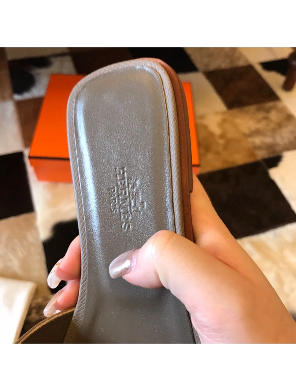 Hermes Oran Slide Sandals In Taupe Epsom Calfskin