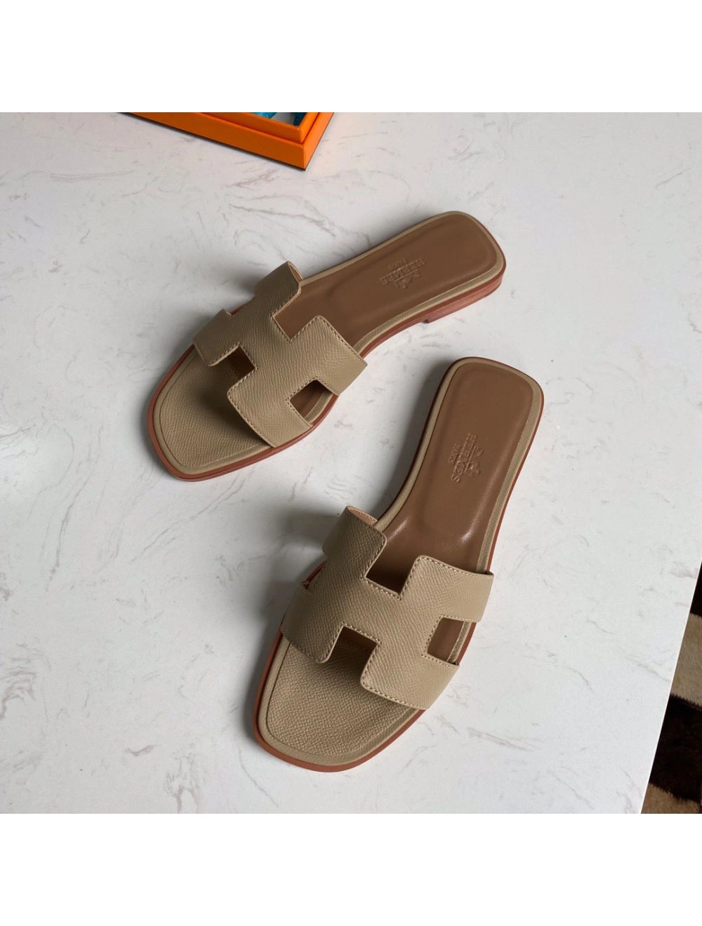 Hermes Oran Slide Sandals In Trench Epsom Calfskin