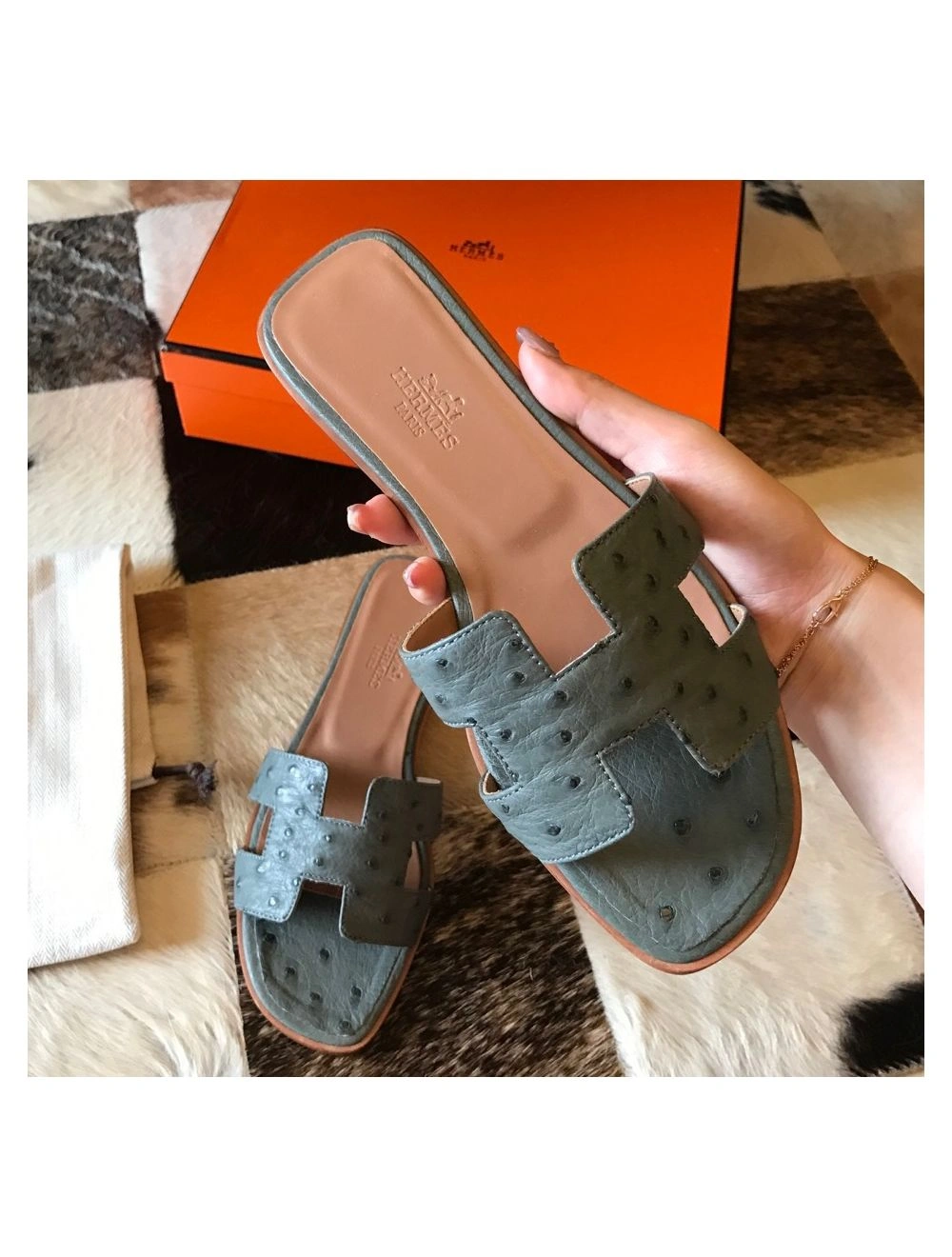 Hermes Oran Slide Sandals In Vert Amande Ostrich Leather