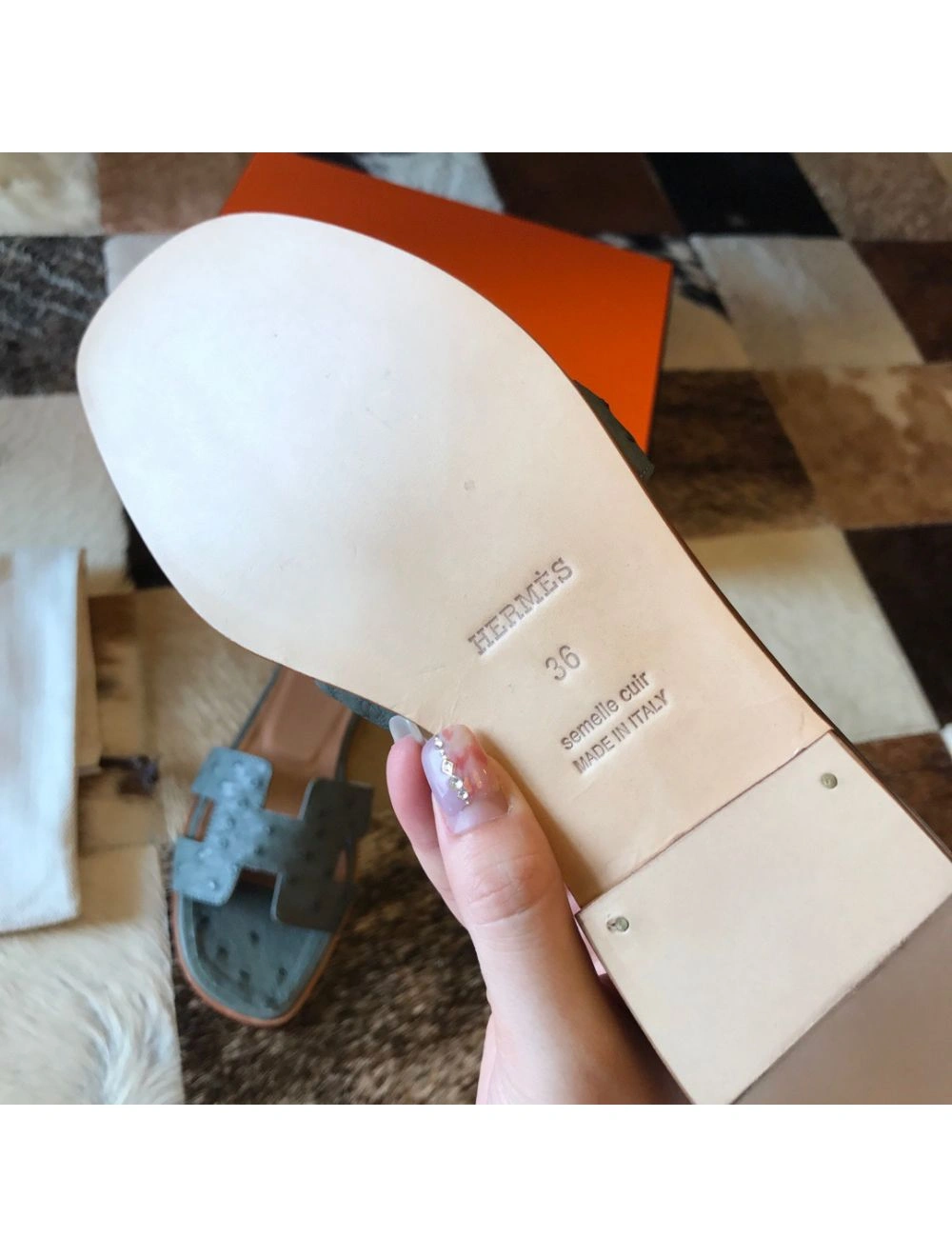 Hermes Oran Slide Sandals In Vert Amande Ostrich Leather