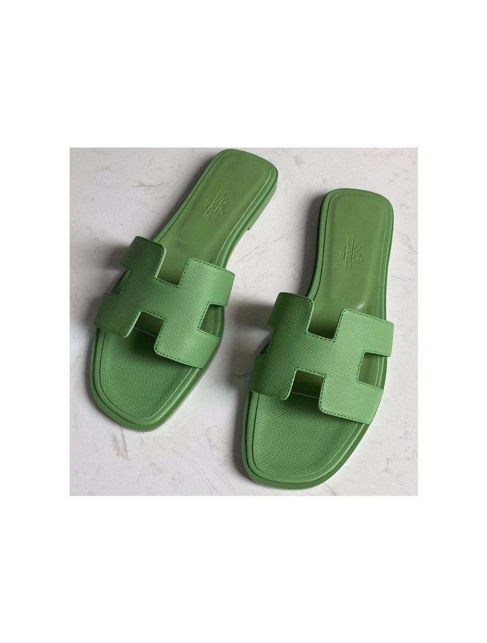 Hermes Oran Slide Sandals In Vert Criquet Epsom Calfskin