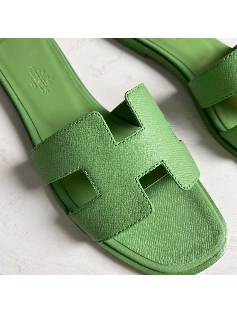 Hermes Oran Slide Sandals In Vert Criquet Epsom Calfskin