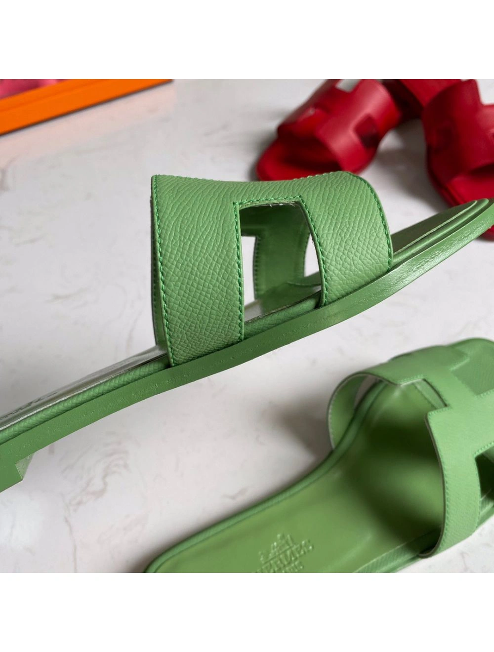 Hermes Oran Slide Sandals In Vert Criquet Epsom Calfskin