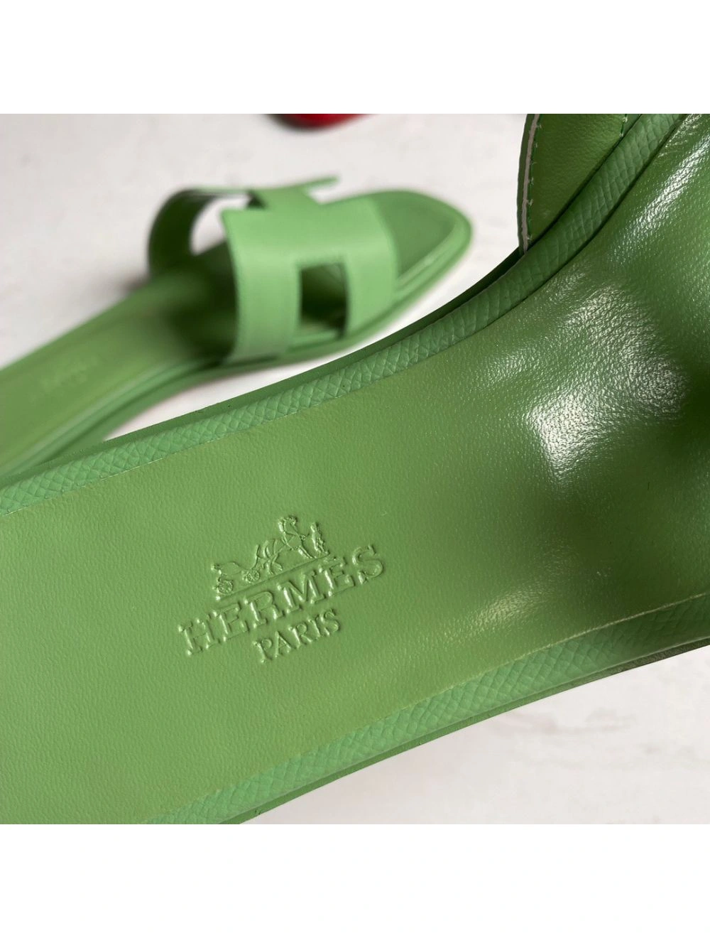 Hermes Oran Slide Sandals In Vert Criquet Epsom Calfskin