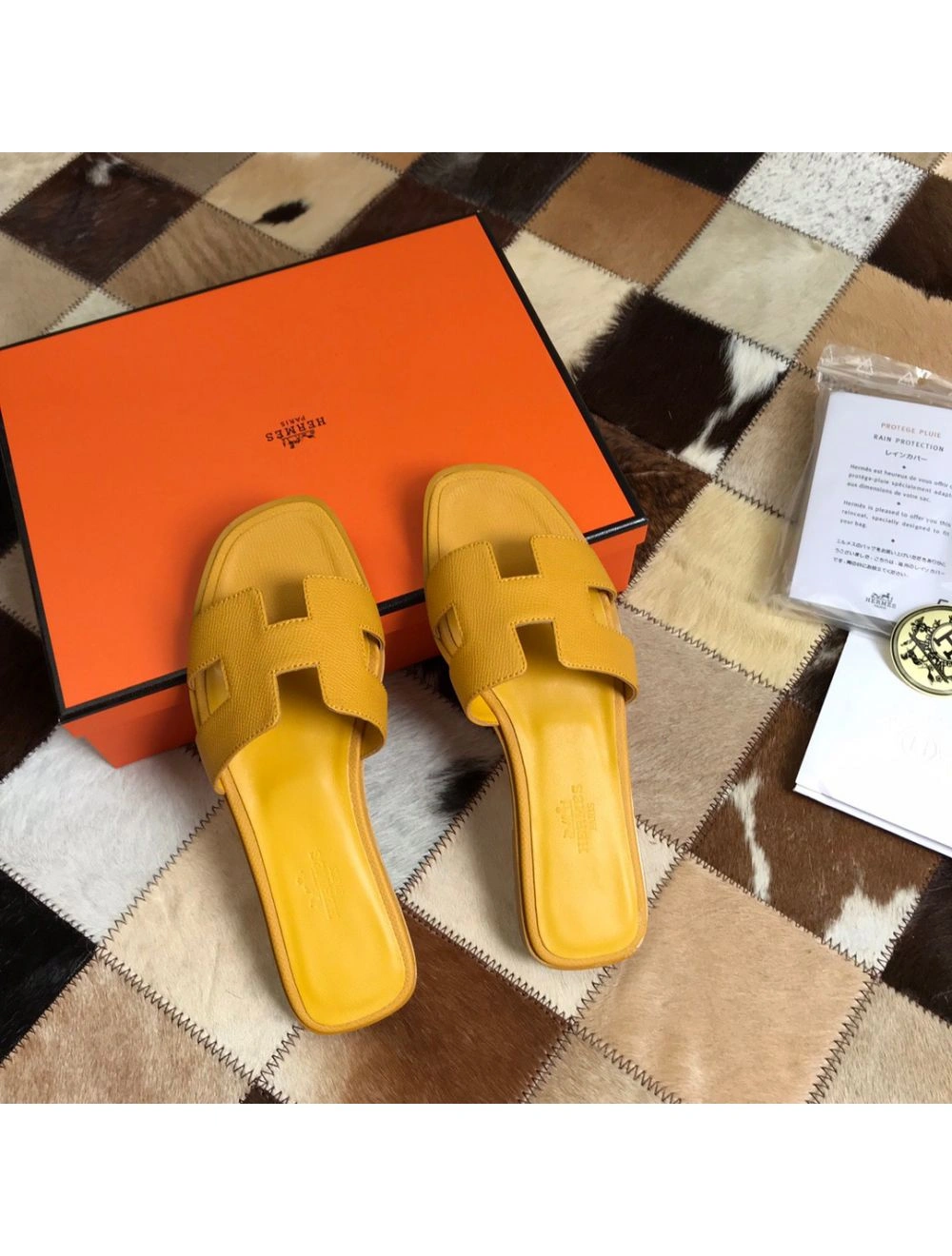Hermes Oran Slide Sandals In Yellow Epsom Calfskin