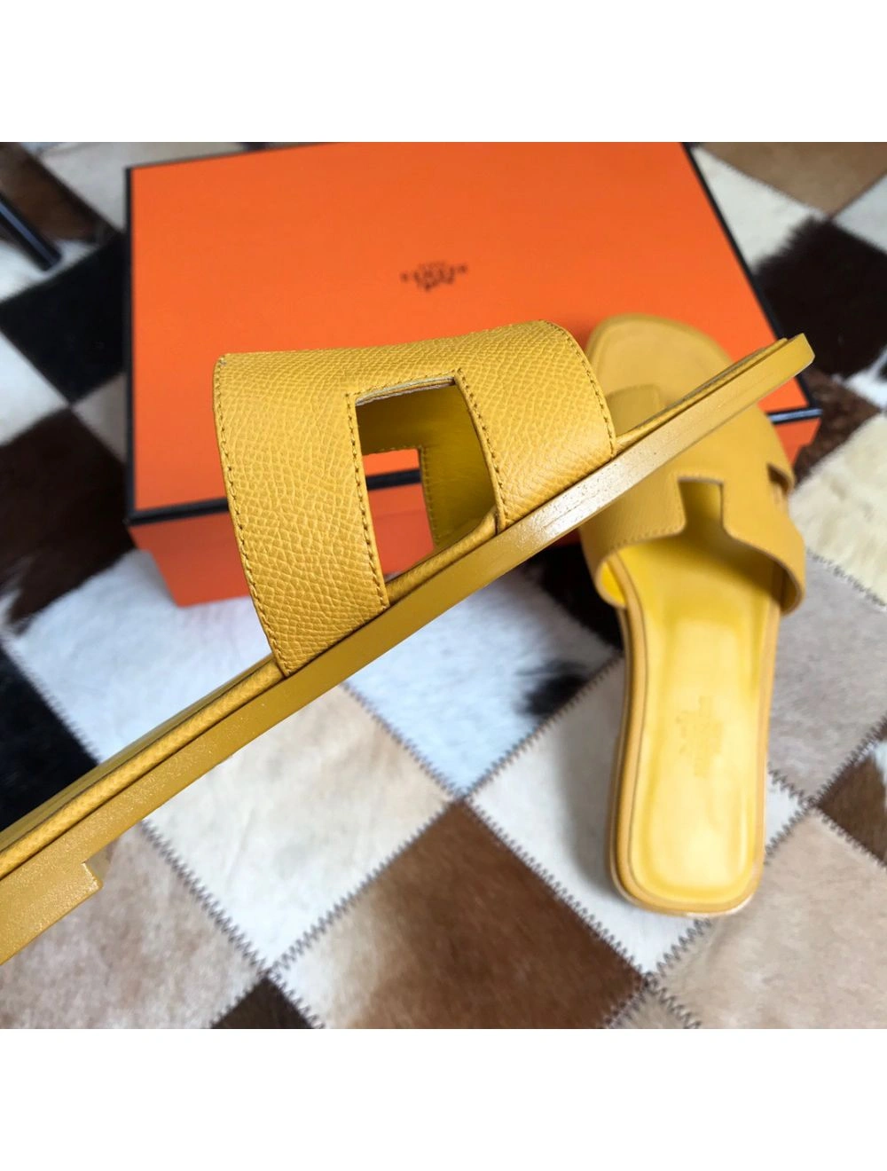 Hermes Oran Slide Sandals In Yellow Epsom Calfskin