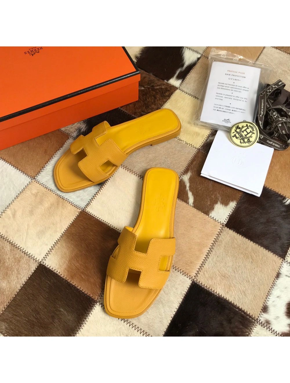 Hermes Oran Slide Sandals In Yellow Epsom Calfskin