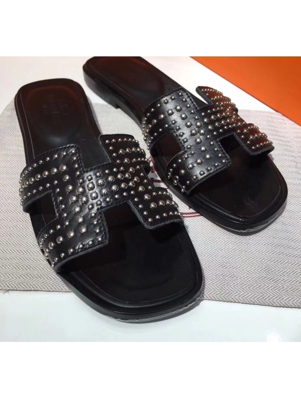 Hermes Oran Studs Sandals In Black Leather